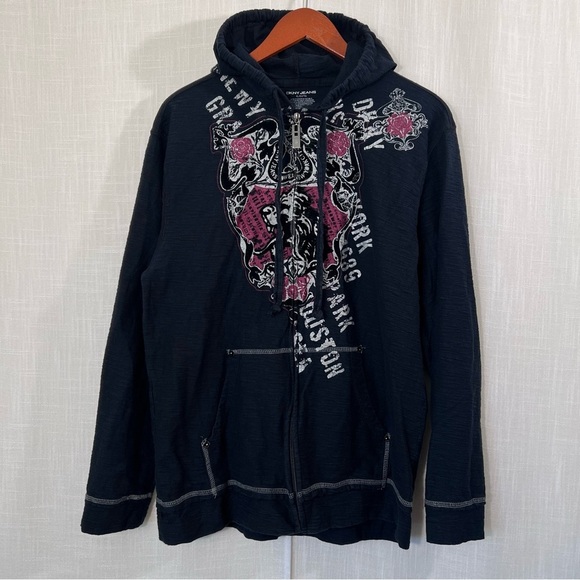DKNY Jeans Zip Hoodie Dark Navy Velvet Lion Flowers Y2K Style Sz XL - Picture 1 of 9